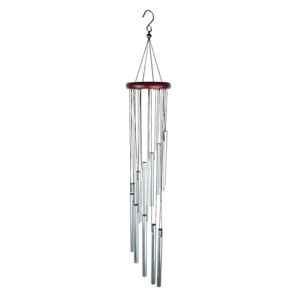 Gold and silver aluminum alloy wind chimes set with hook, featuring 12 tubes, suitable for outdoor home, wedding, or party decor.
