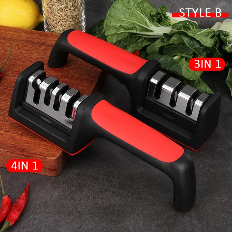 Black handheld kitchen 3/4-segment knife sharpener from Prime Deal Zone with multi-functional sharpening stone for household use.