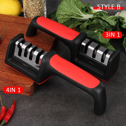 Black handheld kitchen 3/4-segment knife sharpener from Prime Deal Zone with multi-functional sharpening stone for household use.