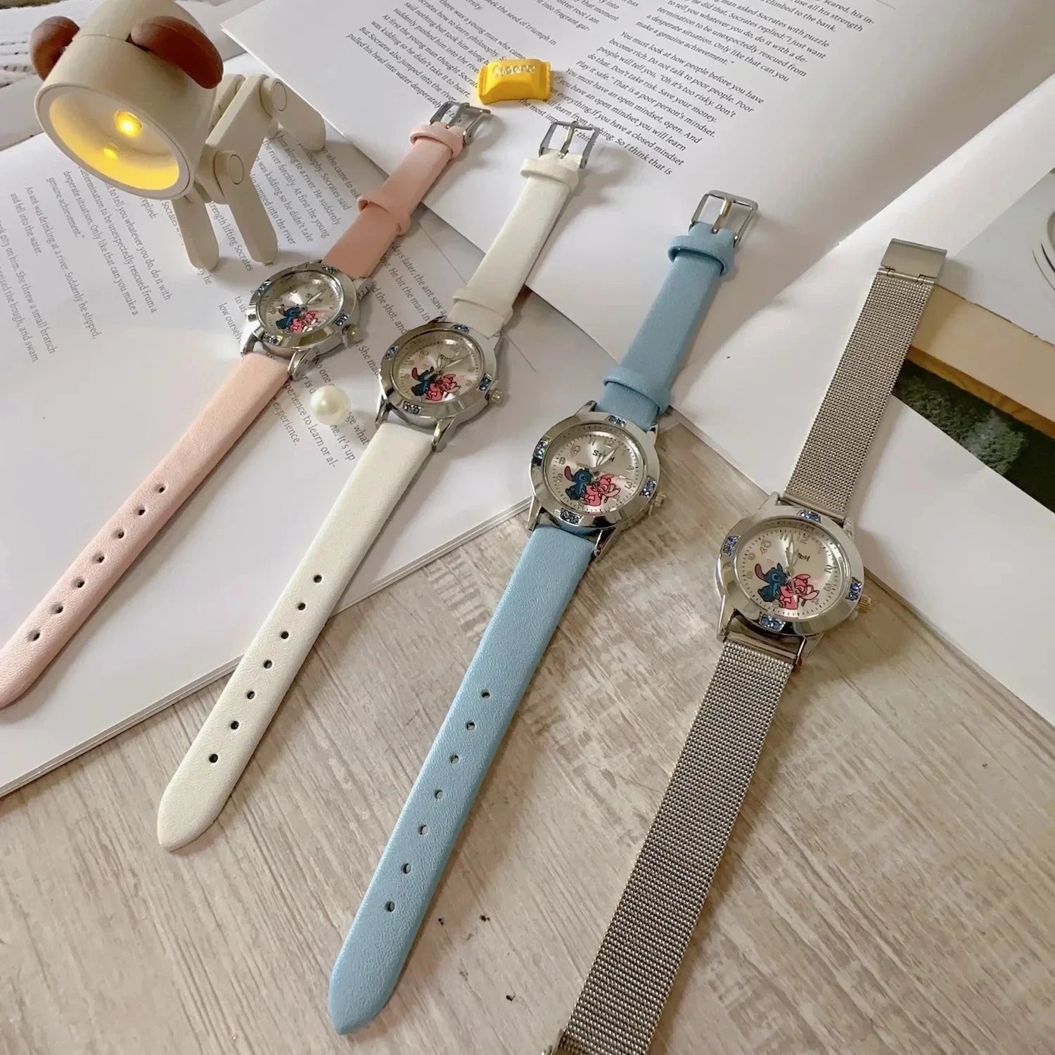 Disney Stitch girl's quartz wristwatch with cartoon Stitch design, leather strap, and steel buckle, perfect for fashionable kids.