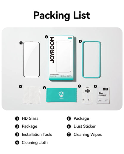 Prime Deal Zone Joyroom HD tempered glass screen protector for iPhone 17, 16, 15 Pro Max, full screen protection, clear and durable.