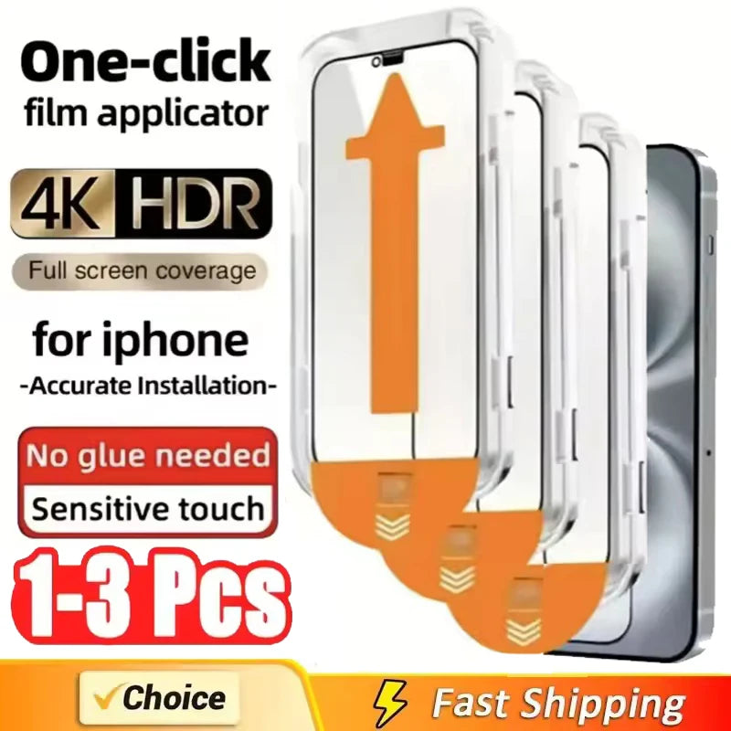 Prime Deal Zone 1-3 piece 8K tempered glass screen protector for iPhone 11 to 15 with alignment mounting cover, front view.