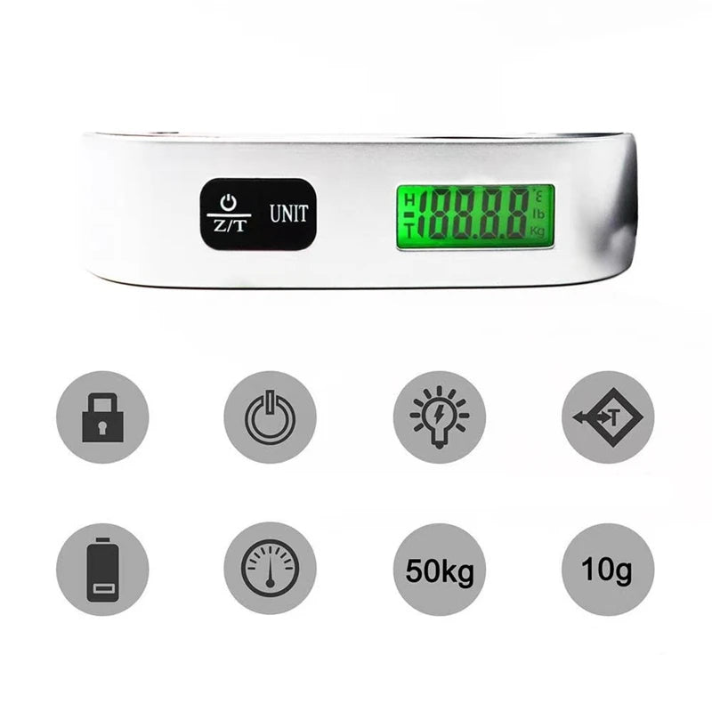 Digital LCD portable luggage scale by Prime Deal Zone showing weight measurement with hanging hook for travel and baggage weighing.