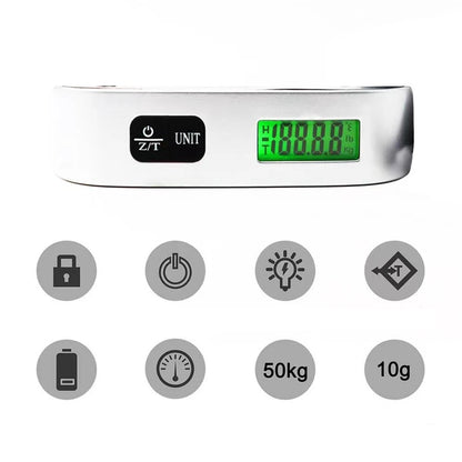 Digital LCD portable luggage scale by Prime Deal Zone showing weight measurement with hanging hook for travel and baggage weighing.