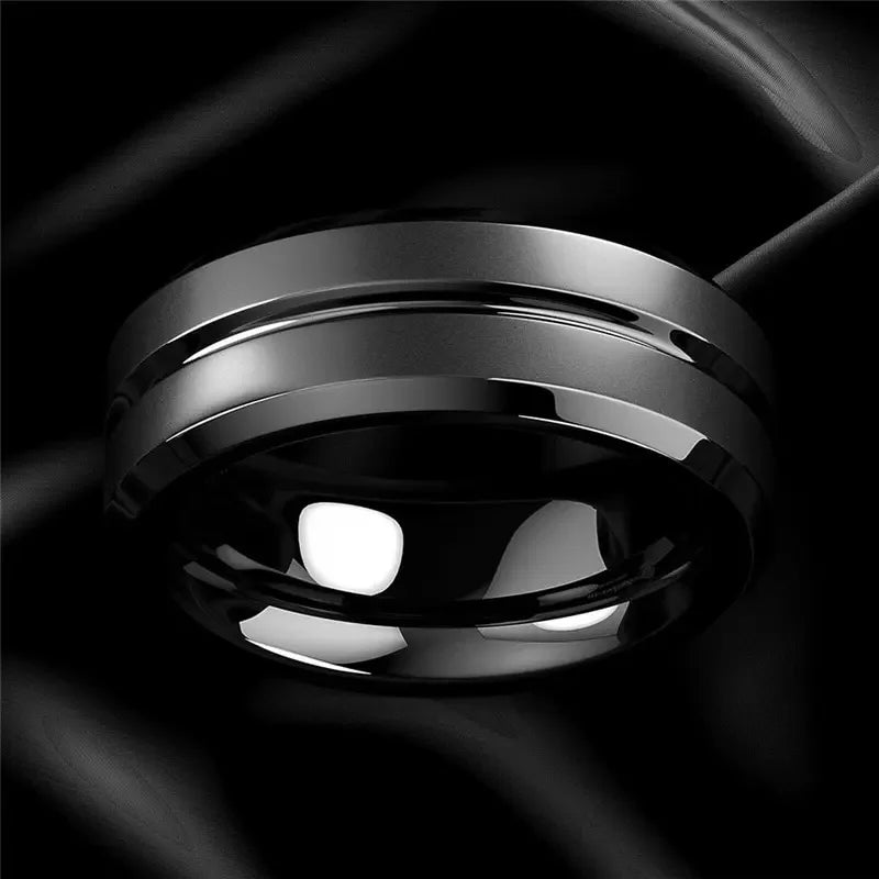 stainless steel 8mm black matte groove wedding band - view 7