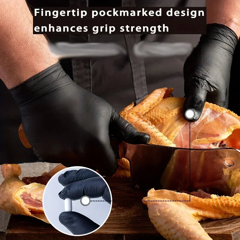 Pair of black nitrile gloves from Prime Deal Zone, ideal for cleaning, dishwashing, nail art, hair dye, and pet care.