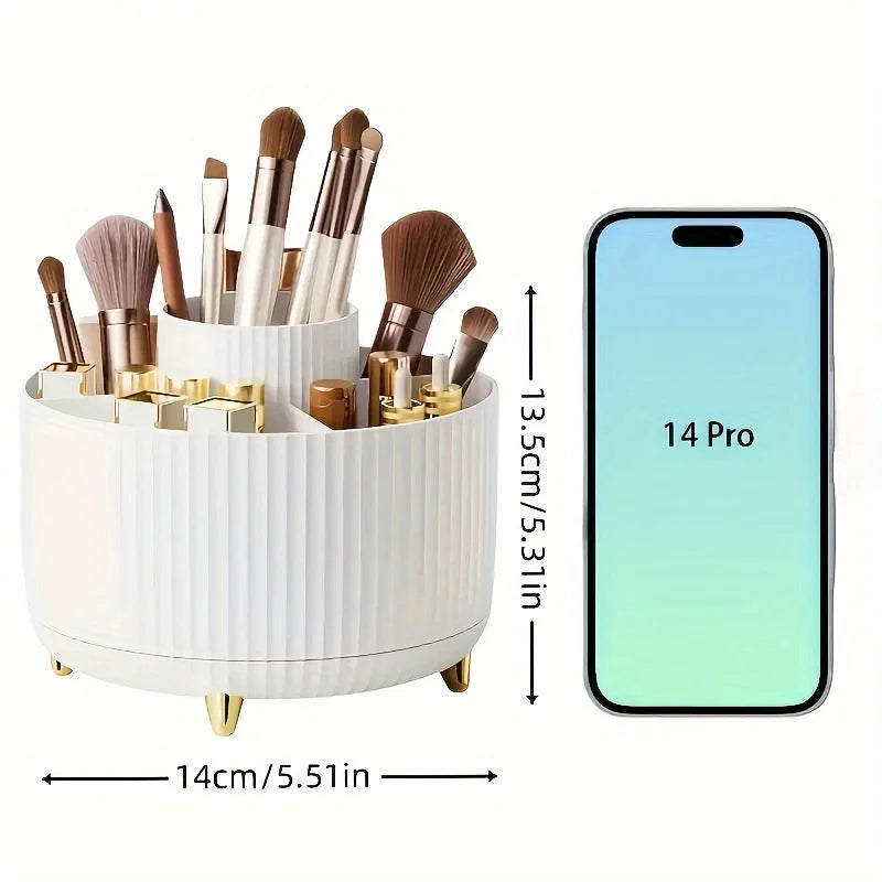 Prime Deal Zone 360-degree rotating cosmetic storage box with five compartments for brushes and makeup organization.