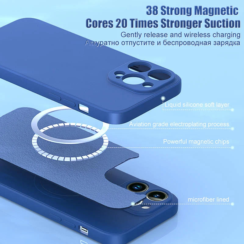 Liquid silicone MagSafe-compatible iPhone case by Prime Deal Zone for iPhone 15, 14, 13, 12, 11, XR, XS, XS Max, and 8 Plus.