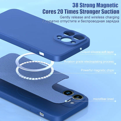 Liquid silicone MagSafe-compatible iPhone case by Prime Deal Zone for iPhone 15, 14, 13, 12, 11, XR, XS, XS Max, and 8 Plus.