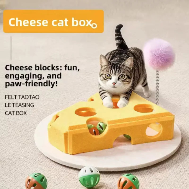 Prime Deal Zone cat puzzle maze toy with felt box, bell ball, and interactive holes for kittens to play and stimulate their minds.