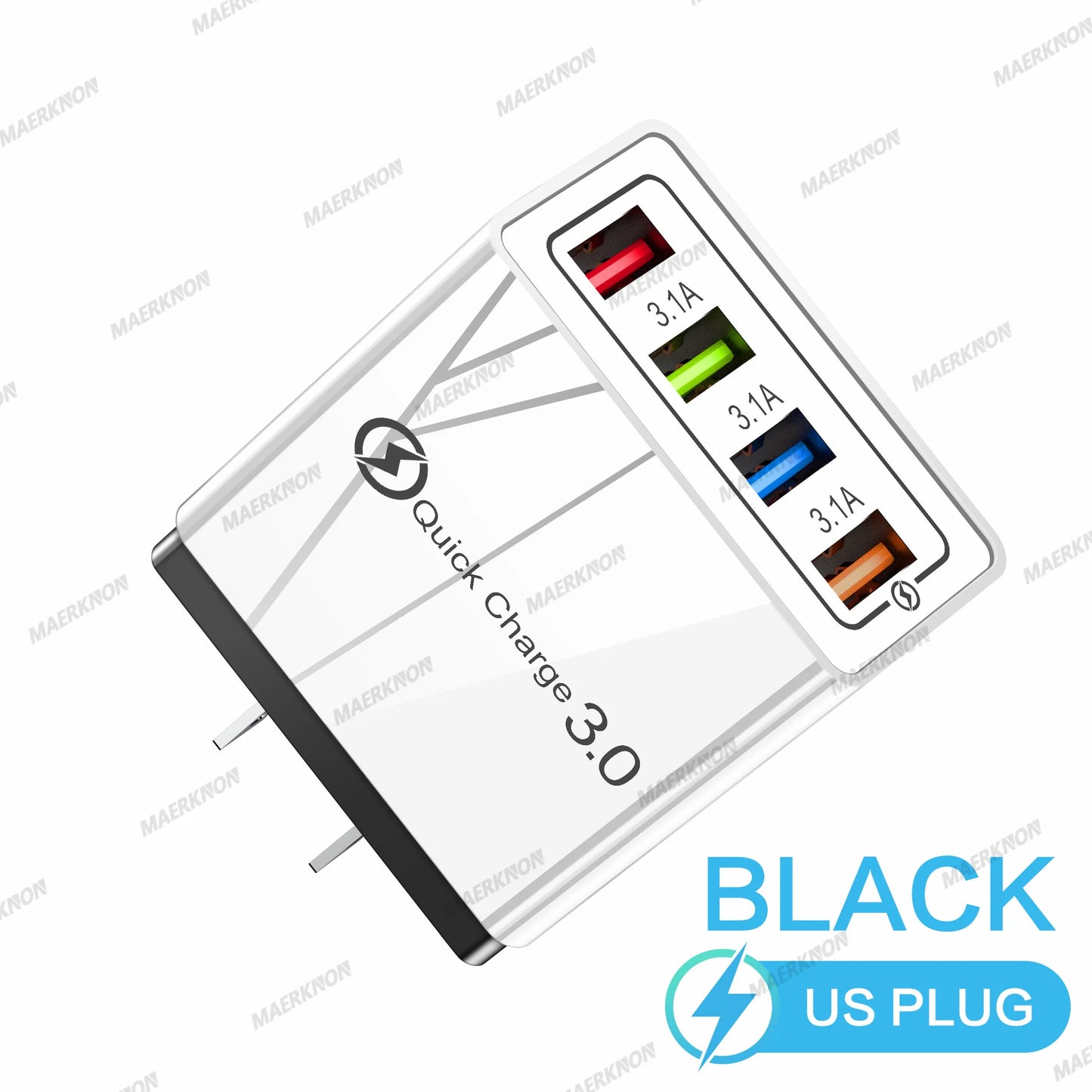 Prime Deal Zone 3A USB charger with four ports, quick charge 3.0, EU and US plug for iPhone, Samsung, Xiaomi, and Poco smartphones