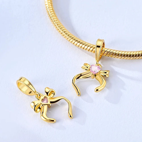 925 sterling silver gold-tone charm beads, crosses and bows - view 2