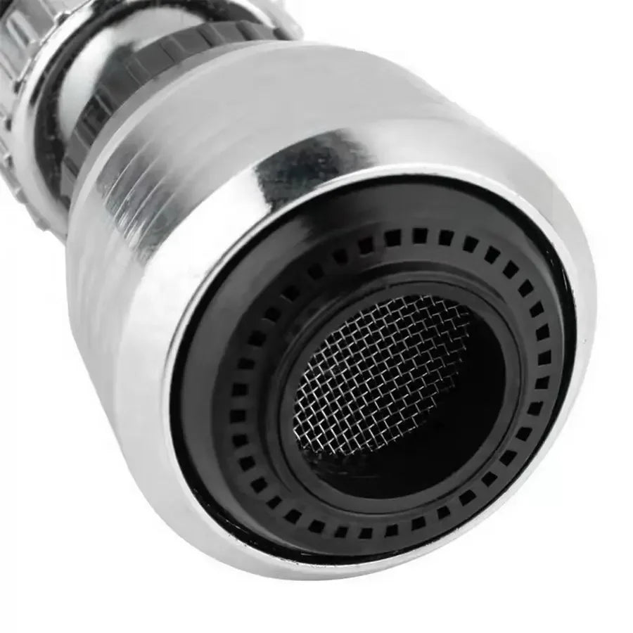 Stainless steel kitchen faucet sprinkler extender with rotating splash-proof bubbler for water-saving and extended spray reach.