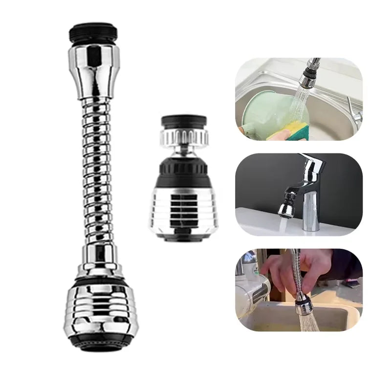 Stainless steel kitchen faucet sprinkler extender with rotating splash-proof design for water-saving and extended spray reach.