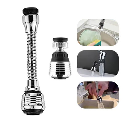 Stainless steel kitchen faucet sprinkler extender with rotating splash-proof design for water-saving and extended spray reach.