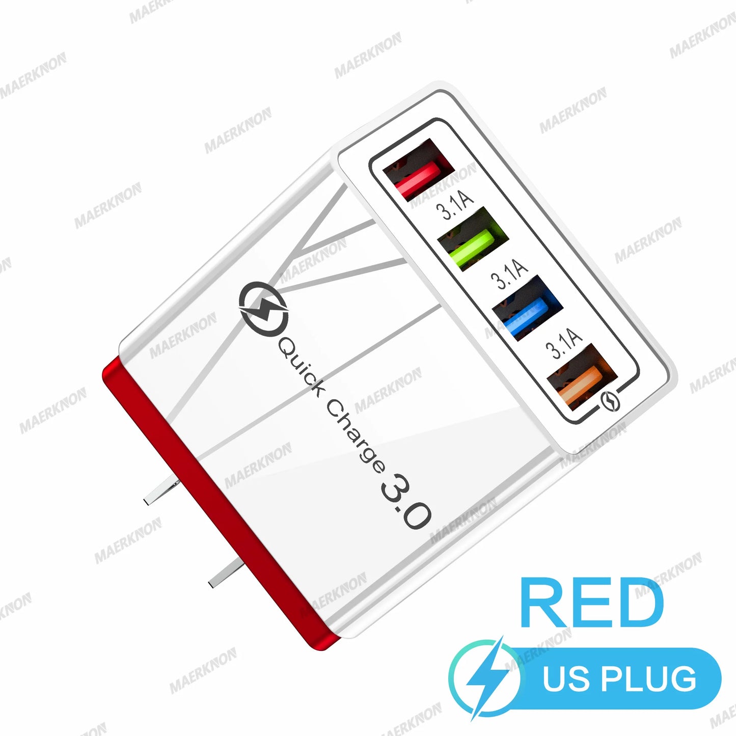 Prime Deal Zone 3A USB charger with 4 ports and quick charge 3.0, EU and US plug for iPhone, Samsung, Xiaomi, and Poco smartphones
