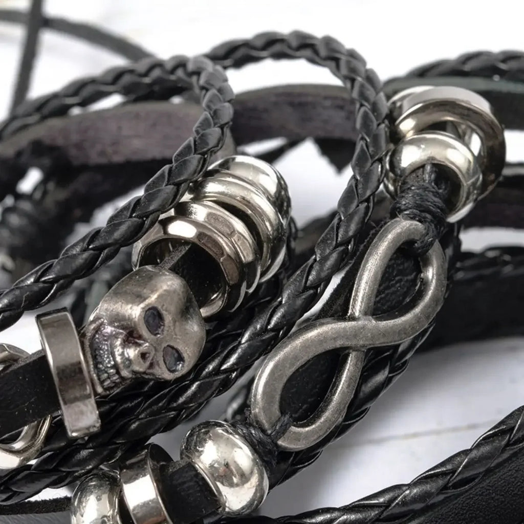 5-piece braided punk bracelet set, PU leather and beads - view 11