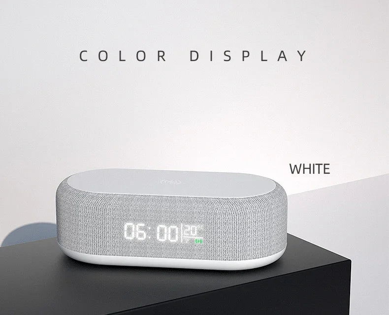 Wireless alarm clock with charging pad, night light, and thermometer for iPhone, featuring sleek bed and desk setup by Prime Deal Zone.