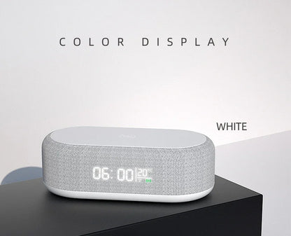 Wireless alarm clock with charging pad, night light, and thermometer for iPhone, featuring sleek bed and desk setup by Prime Deal Zone.