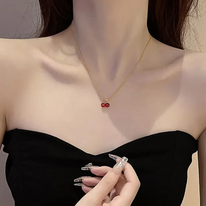 cherry pendant necklace, red resin charm - view 3