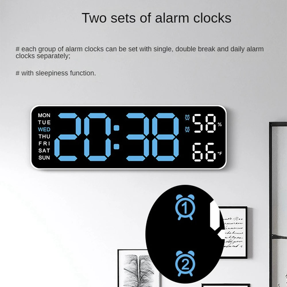 Large digital wall clock from Prime Deal Zone showing temperature, humidity, week display, and adjustable brightness with LED display.