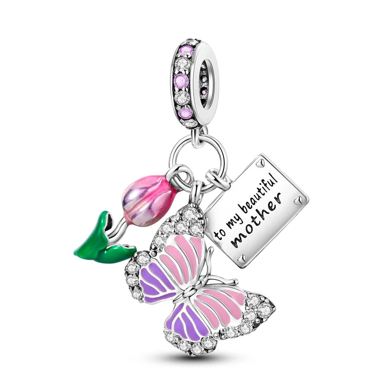 925 Silver-Plated Butterfly Charm Beads, Multicolour