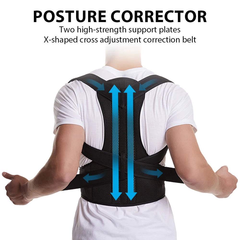 Adjustable back posture corrector brace for men and women, providing spine support and improving posture in health and wellness.