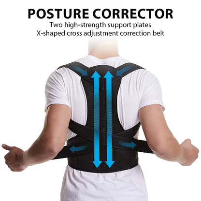 Adjustable back posture corrector brace for men and women, providing spine support and improving posture in health and wellness.