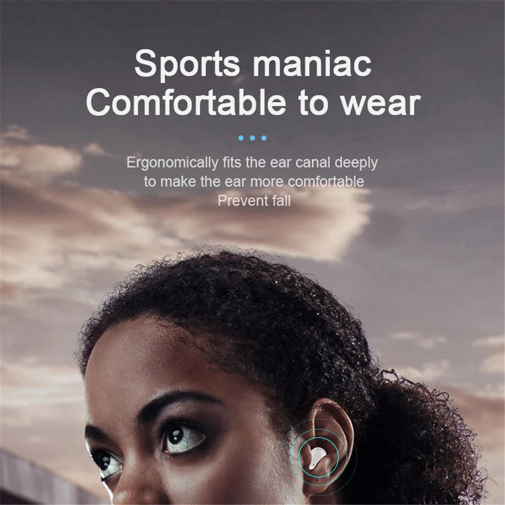 Wireless Bluetooth earphones with LED display, stereo sound, sport touch control for Xiaomi and Huawei smartphones.
