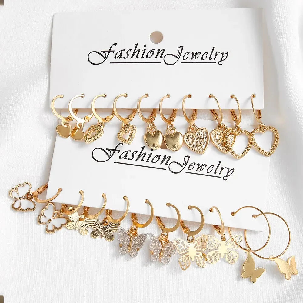 10pcs gold color creative simple earrings set for women featuring hollowed-out butterfly and love designs, Prime Deal Zone jewelry