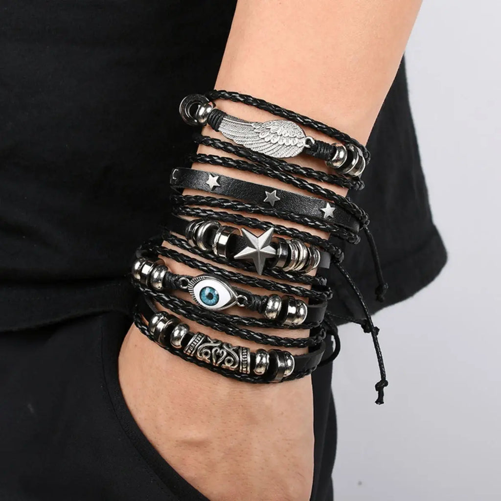 6-piece black punk skull and star bracelet set - view 7