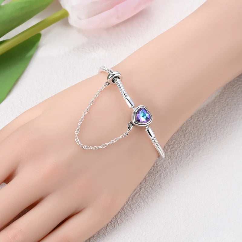 925 Sterling Silver Heart Zircon Snake Chain Bracelet — Multiple Designs, 17–20cm