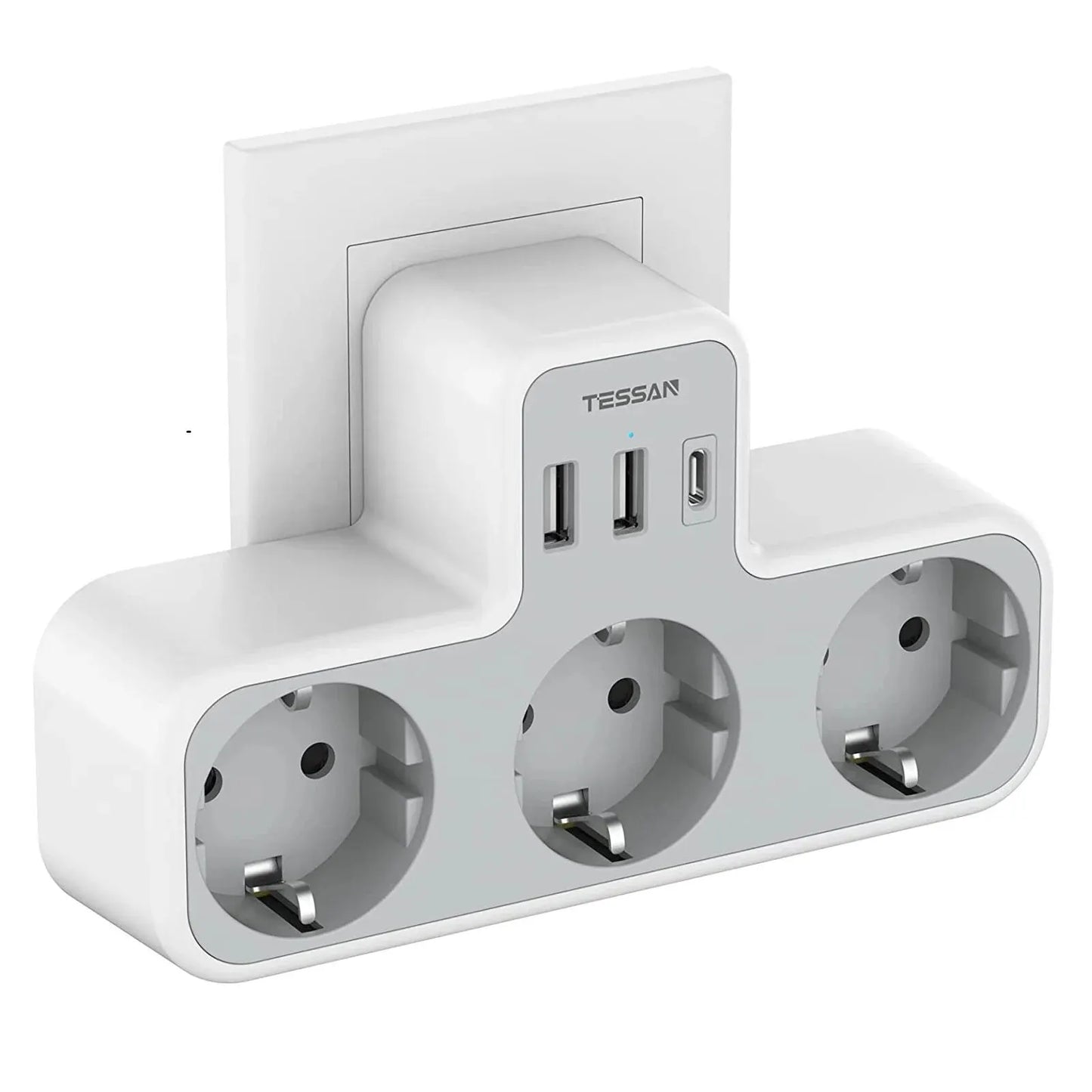 TESSAN EU Plug 6-in-1 Power Strip | 3 AC Outlets + 2 USB-A + 1 USB-C Wall Charger Adapter for Home & Office