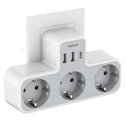 TESSAN EU Plug 6-in-1 Power Strip | 3 AC Outlets + 2 USB-A + 1 USB-C Wall Charger Adapter for Home & Office