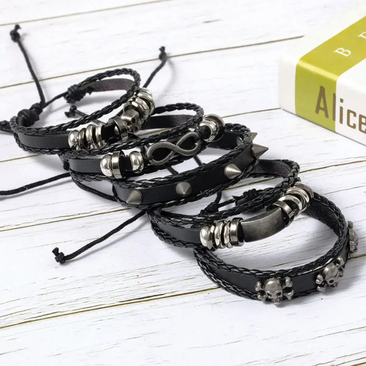 5-piece braided punk bracelet set, PU leather and beads - view 10