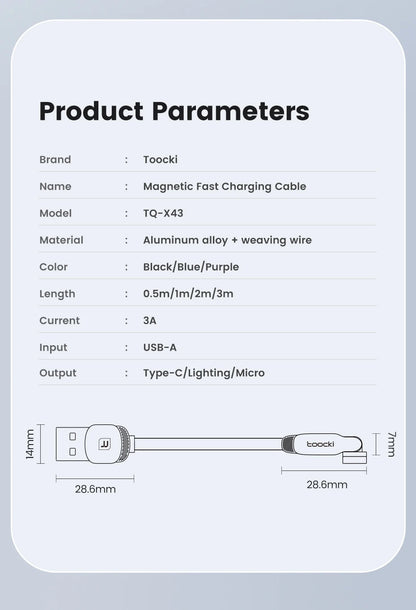 Toocki 540 rotate magnetic USB Type-C cable for iPhone 12, Xiaomi, and Micro USB devices, featuring magnetic charging and data transfer.