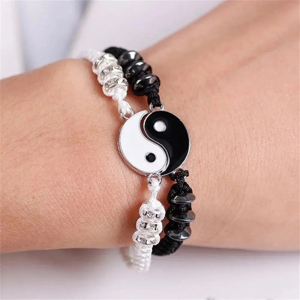 yin yang couple bracelet set, black and white rope - view 7