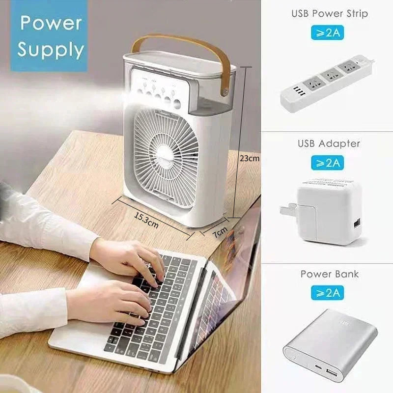 Prime Deal Zone portable 3-in-1 air cooler with LED night light, humidifier, and adjustable fan for home or office use.