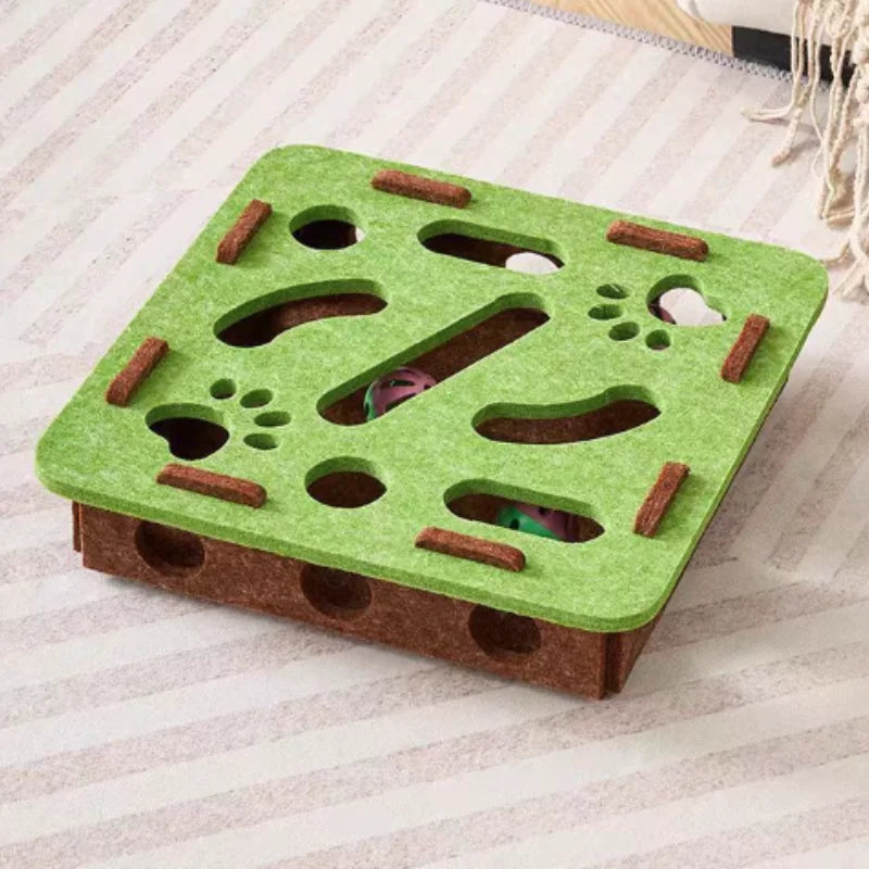 Prime Deal Zone felt cat puzzle maze toy with holes, bell ball, and interactive features for kittens to play and explore.