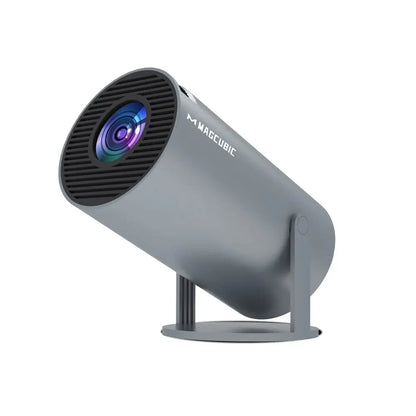 Magcubic HY300 Pro smart projector showing a high-resolution image on a wall, featuring sleek design and connected with WiFi6 and Bluetooth 5.4.