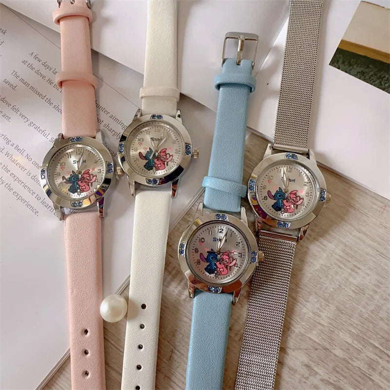 Disney Stitch girl's leather wristwatch with cartoon Stitch design, diamond accents, and steel belt, ideal for women and girls.