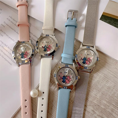 Disney Stitch girl's leather wristwatch with cartoon Stitch design, diamond accents, and steel belt, ideal for women and girls.