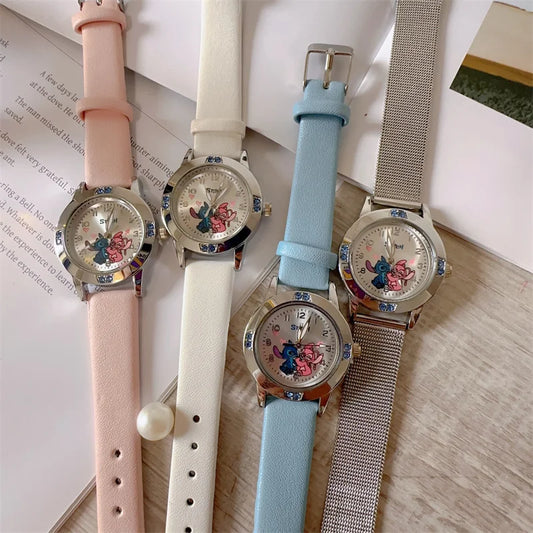 Disney Stitch girl's leather wristwatch with cartoon Stitch design, diamond accents, and steel belt, ideal for women and girls.