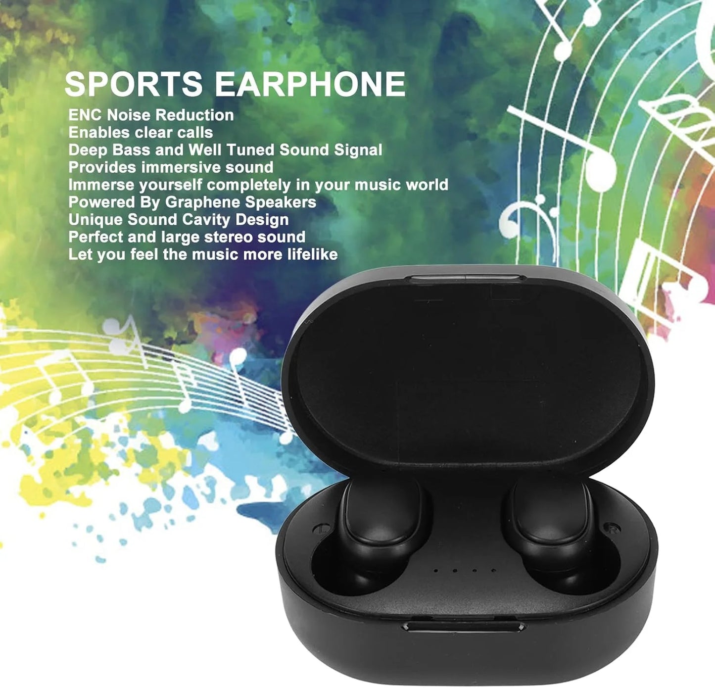 Wireless Bluetooth A6S earphones with LED display, stereo sound, touch control, designed for Xiaomi and Huawei sports use.