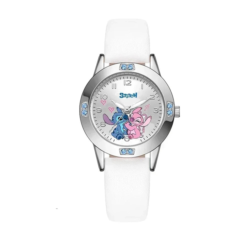 Disney Stitch girl's quartz watch with cartoon Stitch design, leather strap, steel belt, suitable for women, fashion wristwatch.