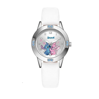 Disney Stitch girl's quartz watch with cartoon Stitch design, leather strap, steel belt, suitable for women, fashion wristwatch.
