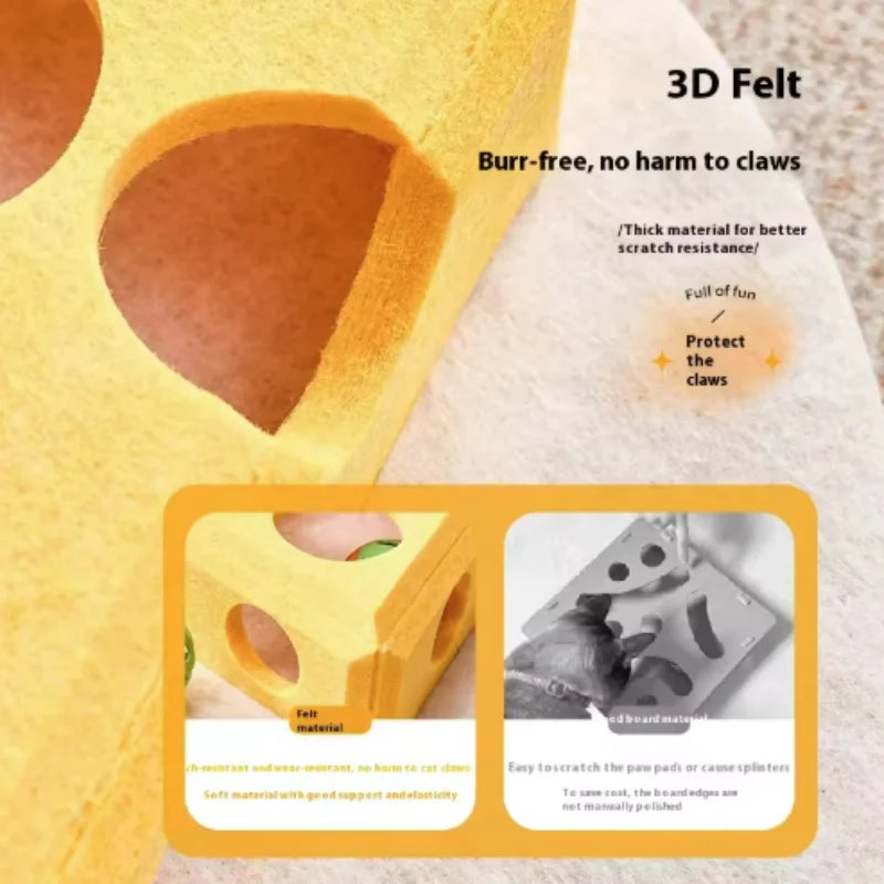 Interactive felt cat puzzle maze toy with bell ball and holes, designed for kittens to play and stimulate their curiosity.