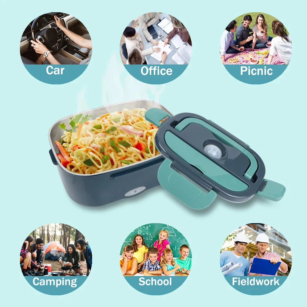 Prime Deal Zone 1.5L 60W electric portable lunch box food warmer showing leak-proof design and compact size for car or home use.