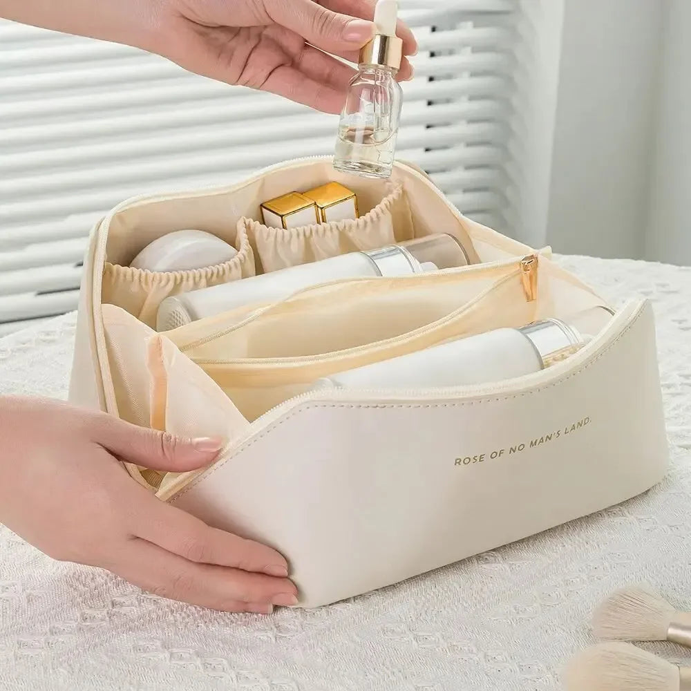 Women's Luxury Large Capacity Travel Cosmetic Bag | PU Leather Makeup & Toiletry Organizer with Zipper