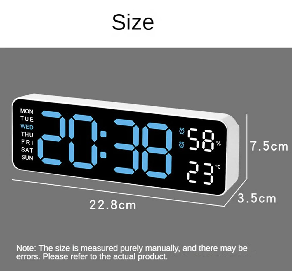 Large digital wall clock by Prime Deal Zone showing temperature, humidity, week display, and adjustable LED brightness.